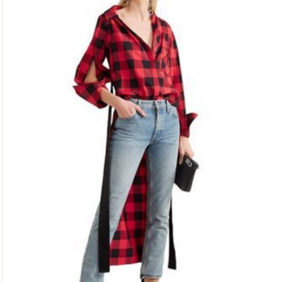 Womens Hellessy Red Black Checked Cotton Silk Button High Low Hem Top Blouse 12 - Picture 1 of 15